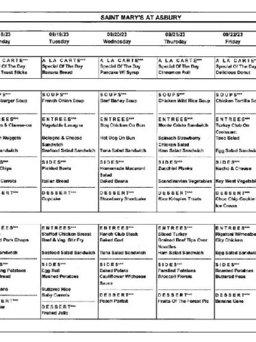 Asbury Ridge Menu: September 17-23 2023