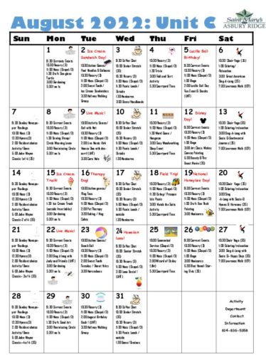 August 2022 Memory Care Calendar