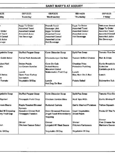 Dining Room Menu: August 10-16, 2025