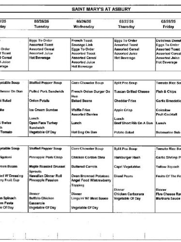 Dining Room Menu: March 23-29, 2025