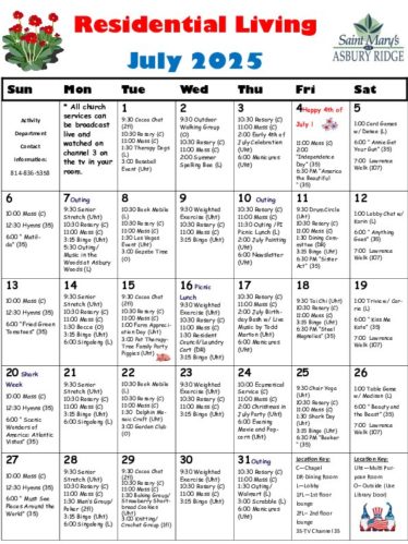 Residential Living Calendar: July 2025